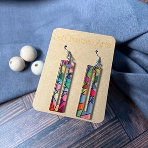Stained glass effect geometric rectangle earrings, dangle drop style translucent lightweight acrylic handmade jewelry, great gift for her