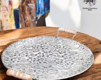 Floral Embossed Round Serving Platter with Handles