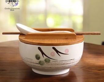 Ceramic Food Tableware Bowl, Japanese Rice Noodle Bowl With Lid Spoon And Chopsticks, Salad Soup Bowl, Porridge Bowl, Food Container