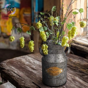 Puede incluir: Un jarrón de metal rústico con un acabado desgastado y una etiqueta que dice "The Works" está lleno de un ramo de lúpulo falso.