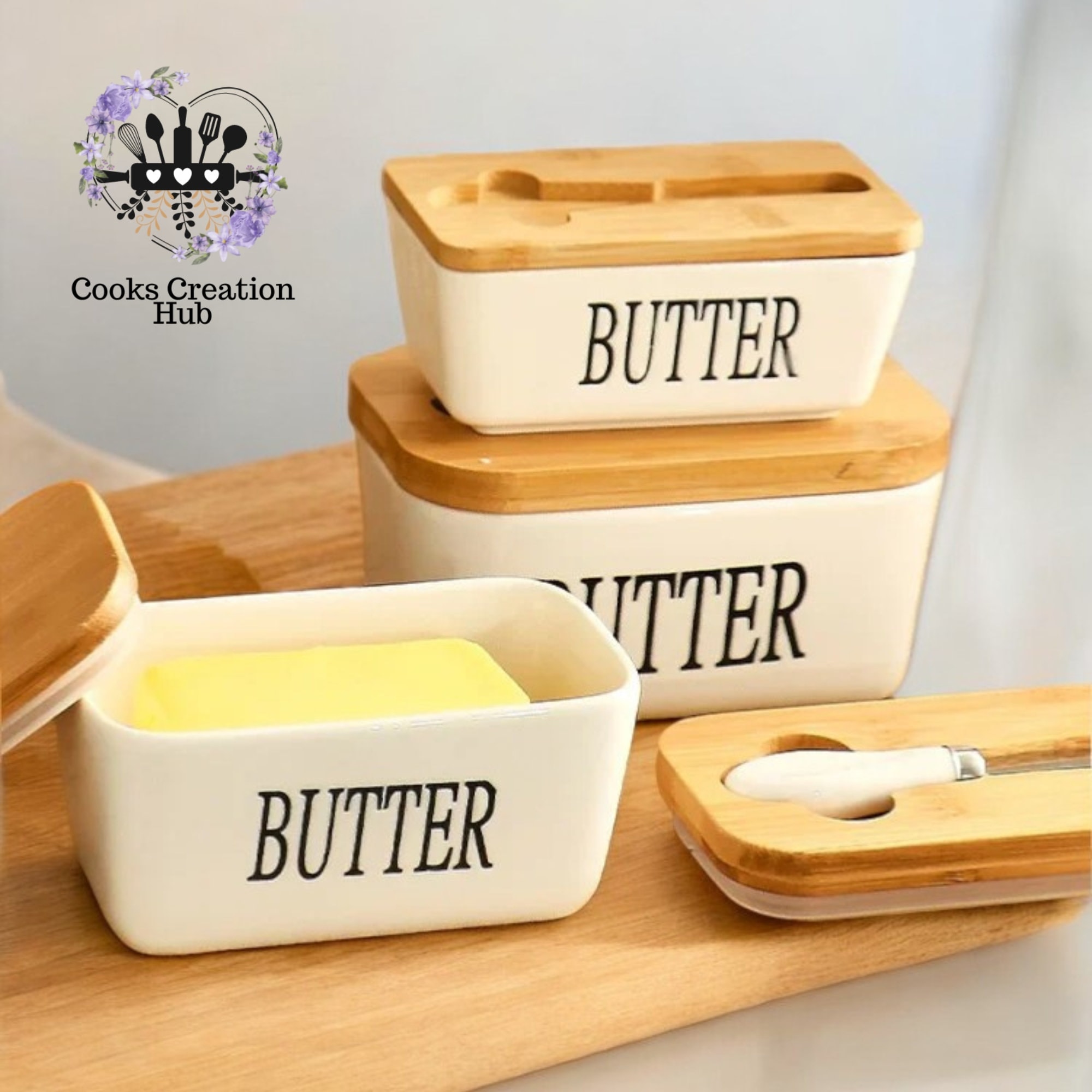 Cute Ceramic Butter Container With Knife, Butter Tin, Rectangular ...