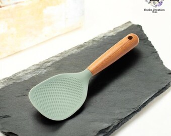 Groene siliconen kooklepel met antiaanbaklaag en anti-brandwonden, rijstlepel koken, hittebestendige lepel, serveerbestek, keukengerei