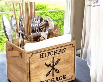 Wood Kitchen Utensil Holder: Cutlery Drainer Storage Box