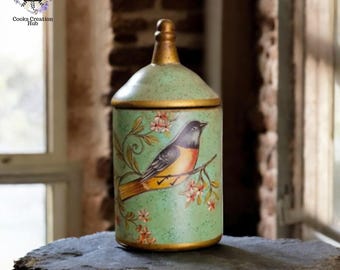 Keramische pot met deksel en vogel Painterd, opberger voor koffieboon, groene opberger voor eten, creatieve opbergemmers kruiden, blikje boerderijkok