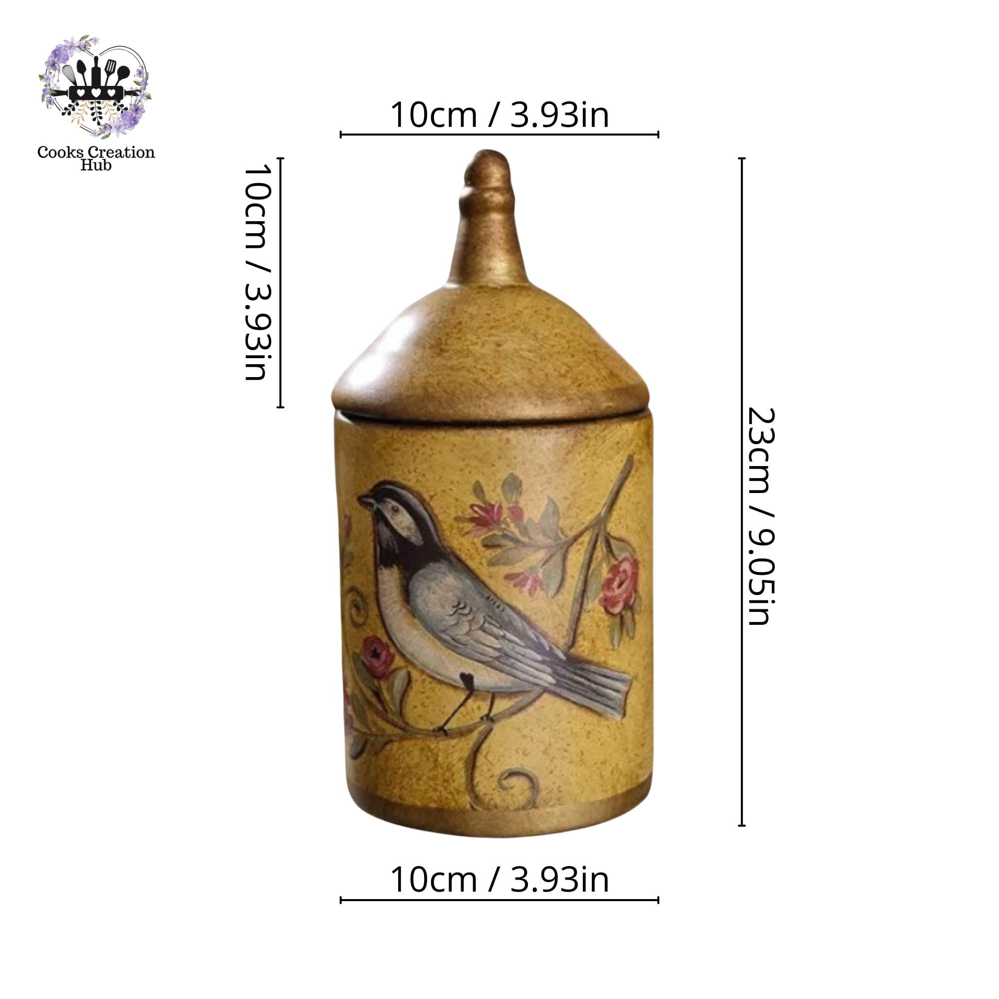 蓋と鳥の絵が描かれた陶器の瓶、コーヒー豆の保存容器、黄色の食品保存