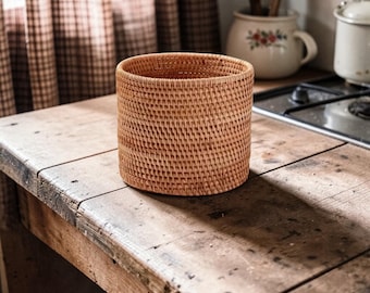 Cesta de almacenamiento redonda de ratán, organizador de cocina tejido, cesta de almacenamiento para el hogar de estilo bohemio