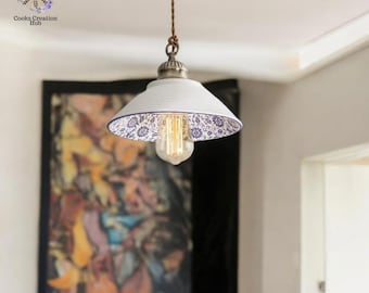 Vintage Blue and White Porcelain Hanging Lamp, Southeast Asian Ceiling Light, Light Design, Ceramic And Iron Chandelier, Pendant Lamp