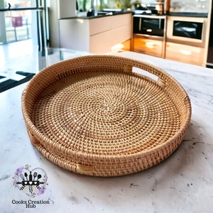 Fruits Basket Rattan Woven Tray, Wicker Round Rattan Tray With Handle, Coffee Serving Dish, Bread Fruit Storage Bowl
