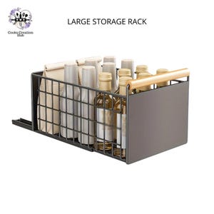 May include: A black metal storage rack with a wooden handle, filled with bottles and bags. The rack is labeled "LARGE STORAGE RACK".