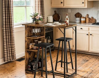 Rustic Industrial Bar Table Set with Two Chairs | Vintage Kitchen Furniture