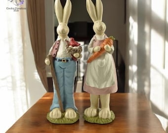 Easter Bunny Resin Figurines: Artistic Kitchen Decor, Centerpiece (Set of 2)