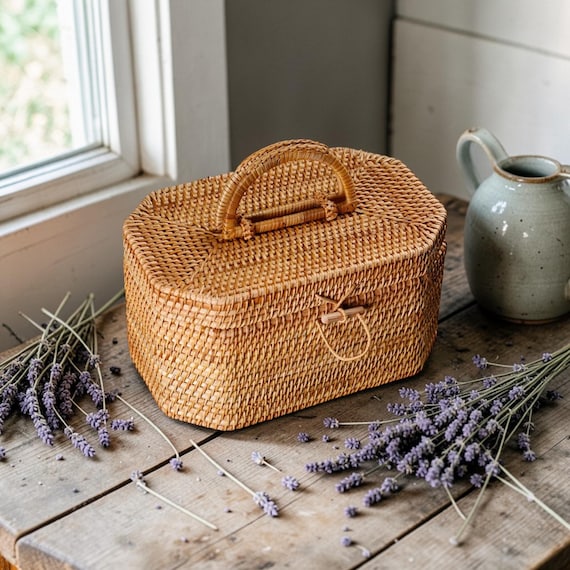 Geflochtener Weidenkorb mit Deckel für Brot, Obst und Frühstück | Rundes Rattan Tablett