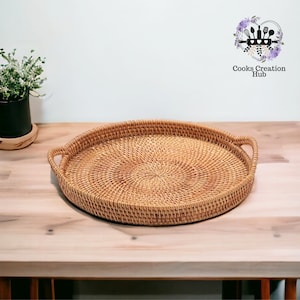 Wicker Round Rattan Tray With Handle, Fruits Basket Rattan Woven Tray, Coffee Serving Dish, Bread Fruit Storage Bowl