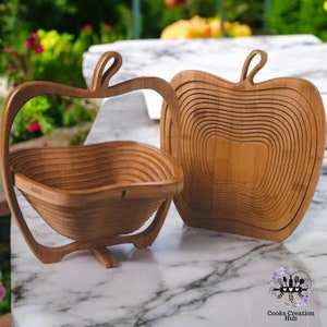 Wooden Fruit Basket, Folding Apple Motif, Basket-Cutting Board, Natural Product, Kitchen Gift Apple Basket, Best Nuts Gift Baskets