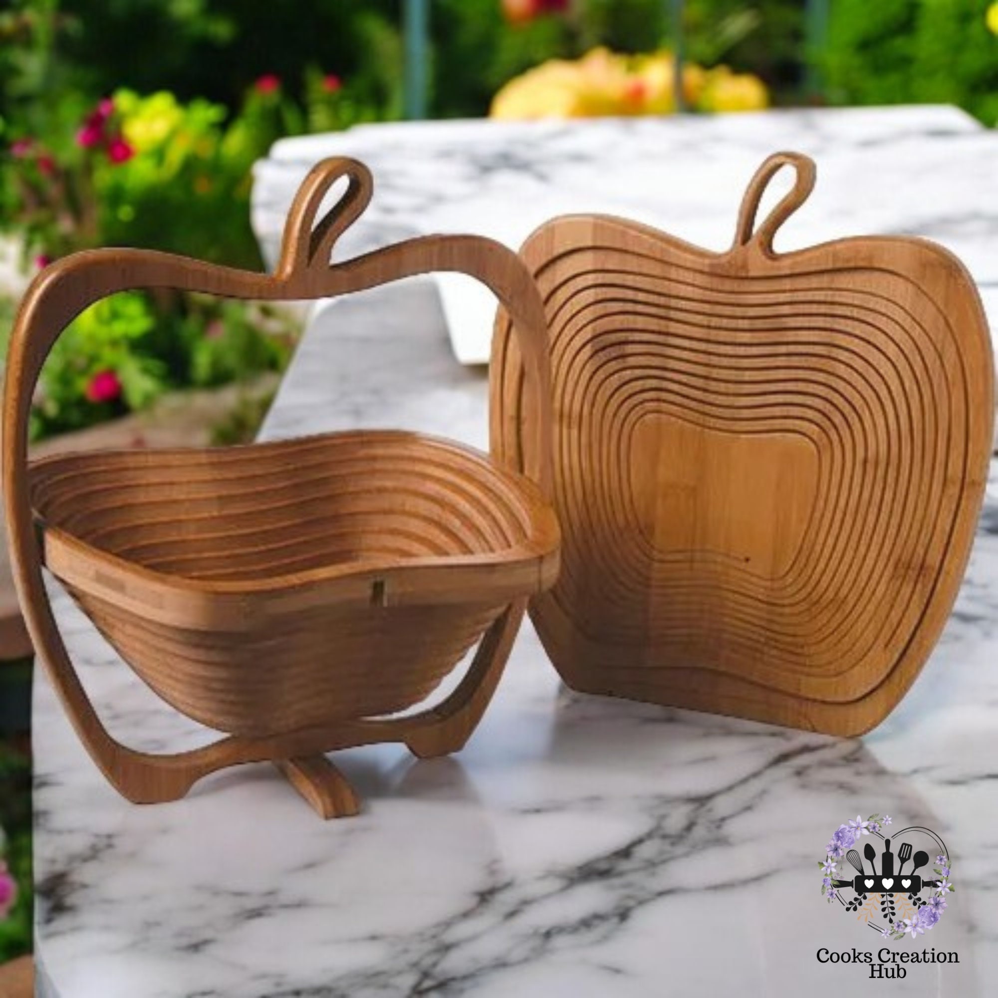 Houten fruitmand, opvouwbaar appelmotief, snijplank mand, natuurproduct, keukencadeau appelmand, cadeaumand met beste noten