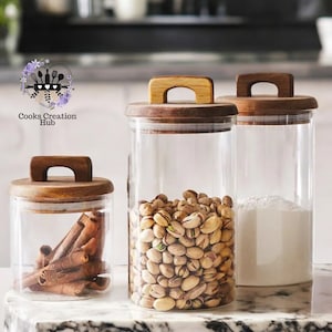 Glass Storage Jar, Jar With Bamboo Lid, Food Container, Pantry Jars, Kitchen Canister, Cooking Glass Bin, Spice Jars