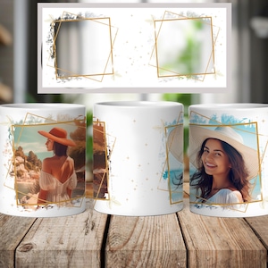 May include: Three white ceramic mugs with a gold geometric frame around a photo of a woman wearing a hat. The photos on the mugs show the woman in different poses.