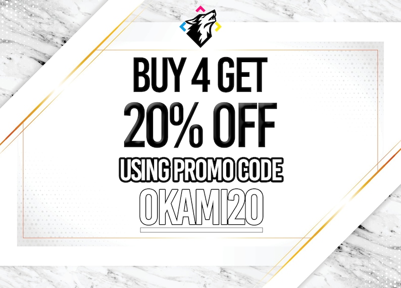 Pu&ograve; includere: Una grafica bianca e oro con un logo di lupo nero in alto. Il testo recita "ACQUISTA 4 E OTTIENI IL 20% DI SCONTO UTILIZZANDO IL CODICE PROMO OKAMI20".