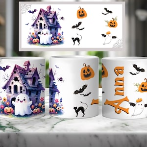 Halloween Mug Wrap Add Your Name Cute Ghost Halloween Mug Design For Sublimation 11/15 Oz Mug Png Custom Mug Template Bougie Ghost Mug Wrap