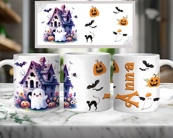 Involucro per tazza di Halloween Aggiungi il tuo nome Simpatico design per tazza di Halloween con fantasma per sublimazione Tazza da 11/15 once Png Modello per tazza personalizzato Involucro per tazza con fantasma Bougie