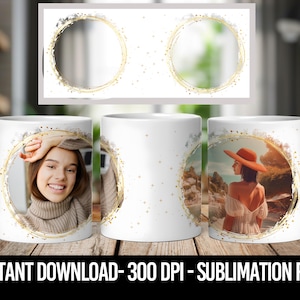 2 Photo Mug Sublimation Design Picture Mug Template Png Photo Collage Mug Wrap 11Oz / 15 Oz Custom Photo Mug Png For Cricut Mug Press