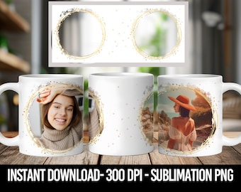 2 Photo Mug Sublimation Design Picture Mug Template Png Photo Collage Mug Wrap 11Oz / 15 Oz Custom Photo Mug Png For Cricut Mug Press