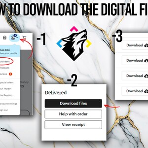 Pu&ograve; includere: Uno screenshot che mostra come scaricare file digitali su Etsy. I passaggi sono numerati da 1 a 3. Il passaggio 1 mostra come accedere alla sezione Acquisti del tuo account Etsy. Il passaggio 2 mostra il pulsante Scarica file. Il passaggio 3 mostra il pulsante Scarica.