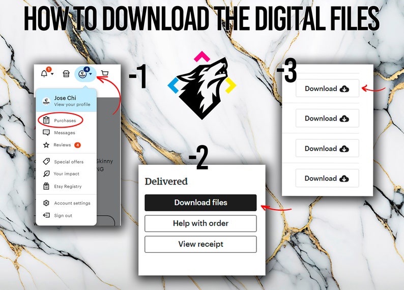 Pu&ograve; includere: Uno screenshot che mostra come scaricare file digitali su Etsy. I passaggi sono numerati da 1 a 3. Il passaggio 1 mostra come accedere alla sezione Acquisti del tuo account Etsy. Il passaggio 2 mostra il pulsante Scarica file. Il passaggio 3 mostra il pulsante Scarica.