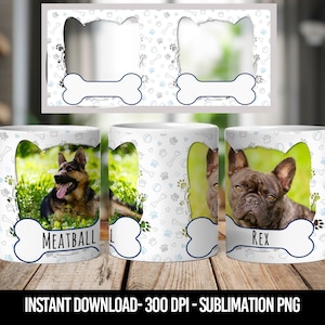 May include: Two white ceramic mugs with paw print designs. The mugs have a bone-shaped handle and a photo of a dog in each. The mug on the left has a German Shepherd with the name "Meatball" and the mug on the right has a French Bulldog with the name "Rex".