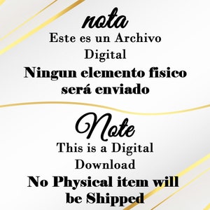 Pu&ograve; includere: Uno sfondo bianco con linee dorate e testo nero. Il testo dice "nota Este es un Archivo Digital Ningun elemento fisico sera enviado Note This is a Digital Download No Physical item will be Shipped"