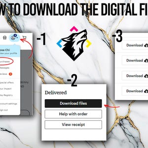 May include: A screenshot of a computer screen showing how to download digital files from an Etsy shop. The screen shows a menu with options for purchases, messages, reviews, special offers, your impact, Etsy registry, account settings, and sign out. The screen also shows a button that says "Download files" and a button that says "Help with order".