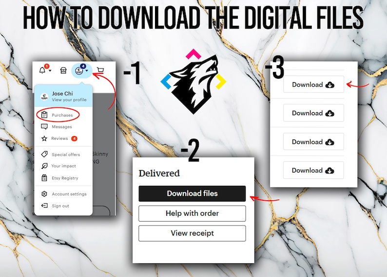 May include: A screenshot of a computer screen showing how to download digital files from an Etsy shop. The screen shows a menu with options for purchases, messages, reviews, special offers, your impact, Etsy registry, account settings, and sign out. The screen also shows a button that says "Download files" and a button that says "Help with order".