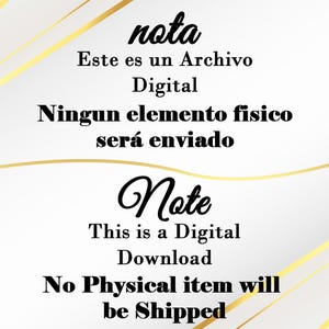 May include: A white background with gold lines and black text. The text reads "nota Este es un Archivo Digital Ningun elemento fisico ser&aacute; enviado Note This is a Digital Download No Physical item will be Shipped"
