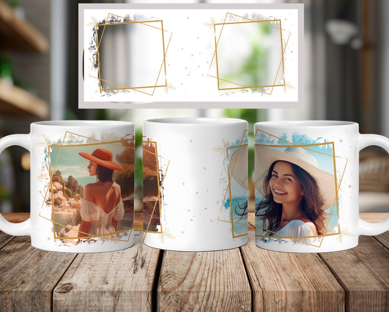 May include: Three white ceramic mugs with a gold geometric frame around a photo of a woman wearing a hat. The photos on the mugs show the woman in different poses.