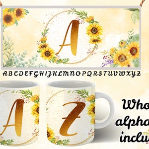 May include: Two white mugs with gold glitter letters A and Z on a white background with a sunflower wreath. The letters are surrounded by a gold circle. The background is a yellow watercolour wash. The text "Whole alphabet included" is below the mugs.