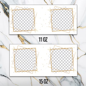 May include: Two white labels with gold frames and gold confetti on a marble background. The labels have transparent areas for images. The text "11 oz" and "15 oz" are printed on the labels.