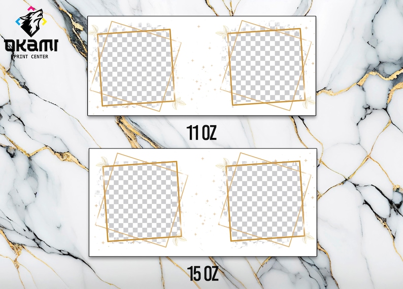 May include: Two white labels with gold frames and gold confetti on a marble background. The labels have transparent areas for images. The text "11 oz" and "15 oz" are printed on the labels.