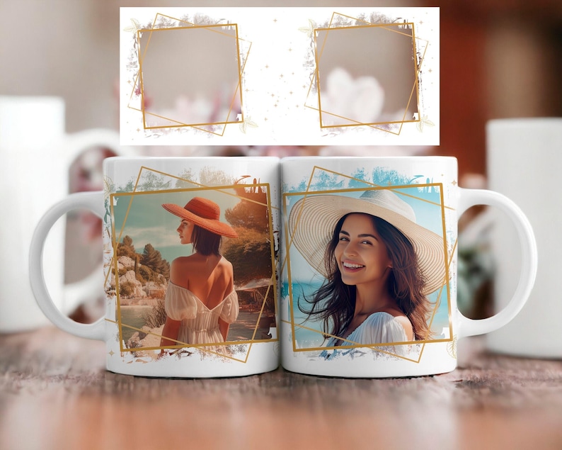 May include: Two white ceramic mugs with a gold geometric frame design. Each mug features a different photo of a woman wearing a hat. One photo is of a woman in a white dress and a straw hat, the other is of a woman in a white top and a straw hat.