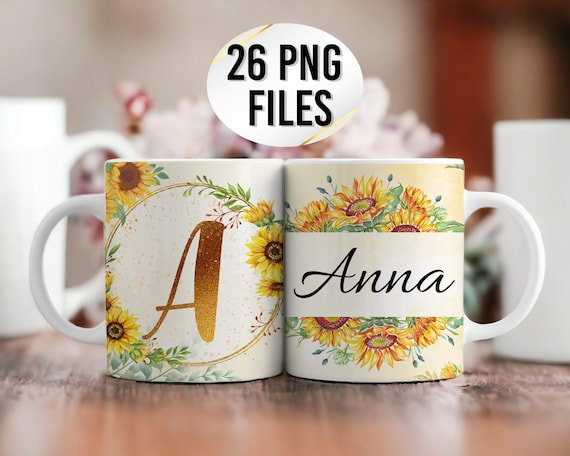 Floral Monogram Sublimation Mug Wrap PNG Colorful Sunflower with Alphabet PNG Add Your Name Mug Wrap Easy Template for Cricut Mug Press