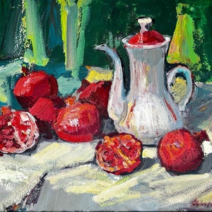 Pomegranate mood. Bright and saturated colors.  peinting juicy pomegranates.Original Wall Art