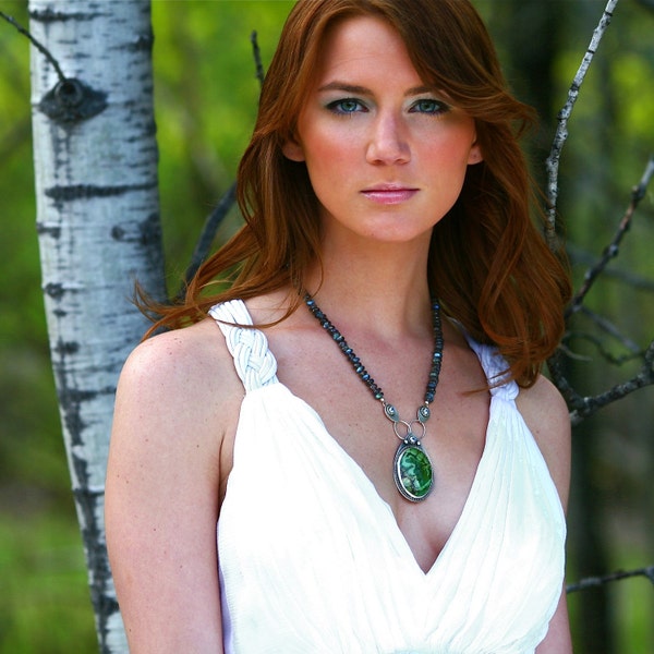 Woodland Goddess Necklace, Green Turquoise, Blue Topaz, Labradorite and Sterling Silver, OOAK