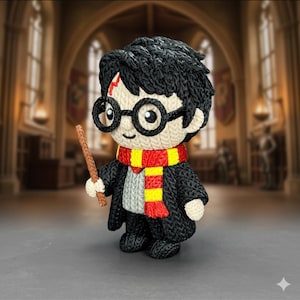 Può includere: Bambola di Harry Potter fatta a mano, con capelli neri, occhiali rotondi e una cicatrice a forma di saetta. La bambola indossa una veste nera, una sciarpa rossa e gialla e tiene in mano una bacchetta. Lo sfondo è sfocato.