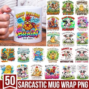 Pode incluir: Uma caneca de cer&acirc;mica branca com um gr&aacute;fico colorido de um galo zangado com o texto KEEP ROLLING your eyes you might find a BRAIN back there, rodeada por v&aacute;rios outros designs humor&iacute;sticos de animais e personagens com legendas espirituosas.