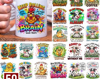 30種類のキュートで皮肉なマグカップラップバンドルPNG、11オンス/15オンスマグカップ用のおもしろい動物コーヒー昇華デザインデジタルダウンロード