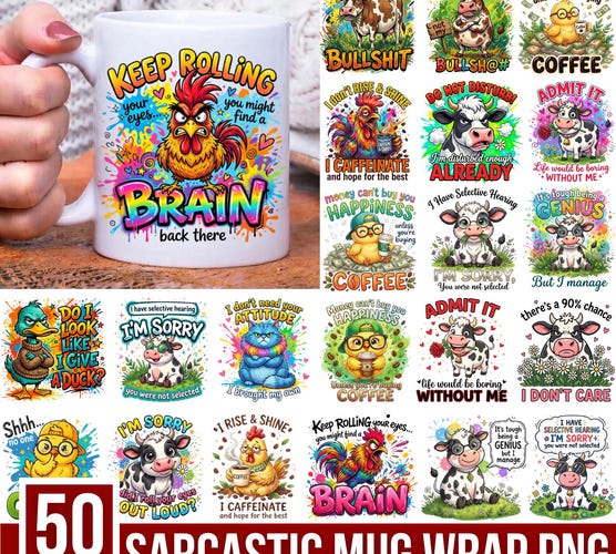 30 Cute & Sarcastic Mug Wrap Bundle PNG — Funny Animal Coffee Sublimation Designs