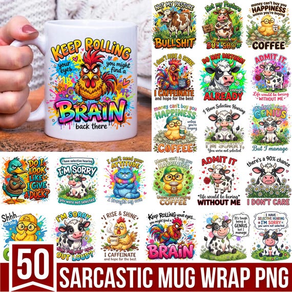 30 Cute & Sarcastic Mug Wrap Bundle PNG, Funny Animal Coffee Sublimation Designs for 11oz 15oz Mug Digital Download