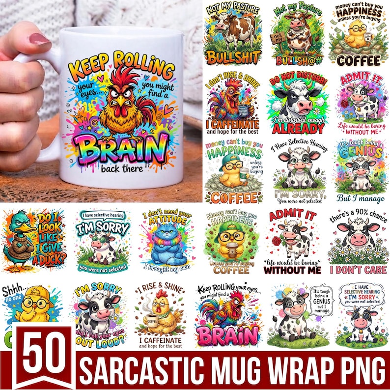 Pode incluir: Uma caneca de cer&acirc;mica branca com um gr&aacute;fico colorido de um galo zangado com o texto KEEP ROLLING your eyes you might find a BRAIN back there, rodeada por v&aacute;rios outros designs humor&iacute;sticos de animais e personagens com legendas espirituosas.