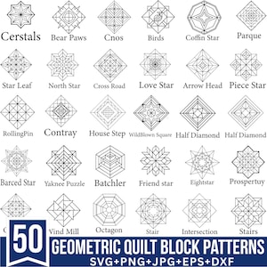 May include: A collection of 50 geometric quilt block patterns in black and white, each with a unique design and name. The patterns include shapes like stars, diamonds, and octagons. The image also includes the text "GEOMETRIC QUILT BLOCK PATTERNS".