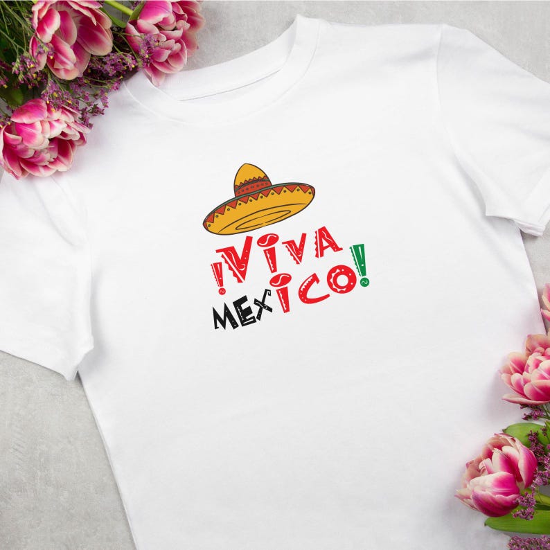 May include: White t-shirt with a colorful sombrero and the text "!VIVA MEXICO!" printed on the front.