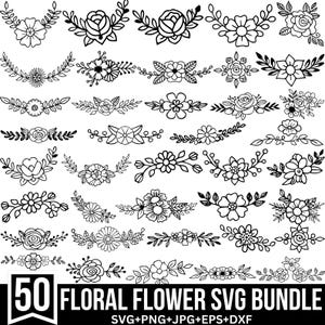Pacote Floral Svg, Buquê de flores Svg, Coroa de flores Svg, Borda floral Svg, Monograma de divisão floral, Floral Png, Arquivos para Cricut, Silhueta